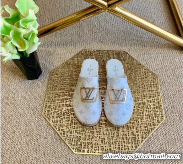 Top Quality Louis Vuitton Monogram Canvas Espadrille Flat Mules with Square LV Buckle White 011119