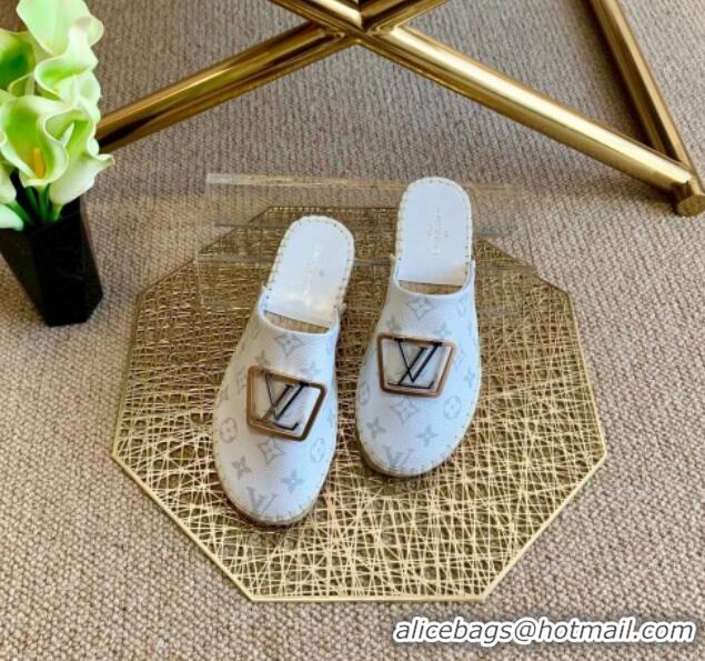 Top Quality Louis Vuitton Monogram Canvas Espadrille Flat Mules with Square LV Buckle White 011119