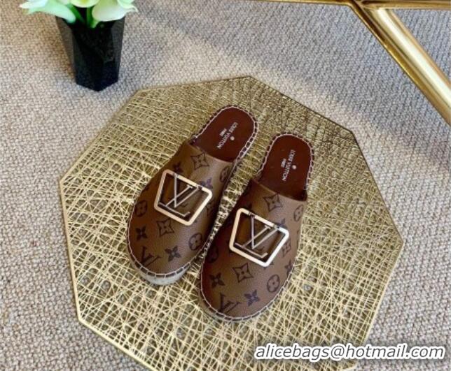 Luxury Classic Louis Vuitton Monogram Reverse Canvas Espadrille Flat Mules with Square LV Buckle 011120