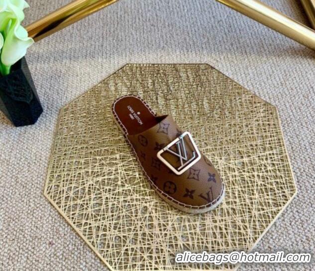 Luxury Classic Louis Vuitton Monogram Reverse Canvas Espadrille Flat Mules with Square LV Buckle 011120