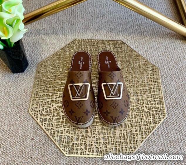 Luxury Classic Louis Vuitton Monogram Reverse Canvas Espadrille Flat Mules with Square LV Buckle 011120