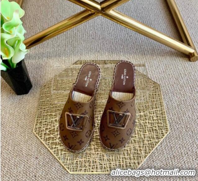 Luxury Classic Louis Vuitton Monogram Reverse Canvas Espadrille Flat Mules with Square LV Buckle 011120