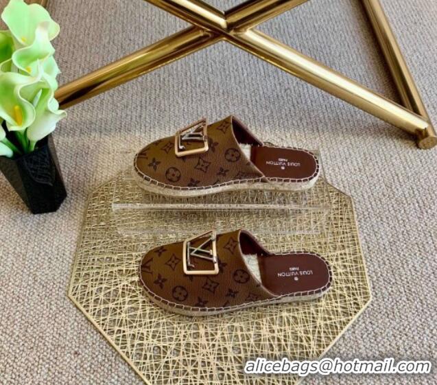 Luxury Classic Louis Vuitton Monogram Reverse Canvas Espadrille Flat Mules with Square LV Buckle 011120