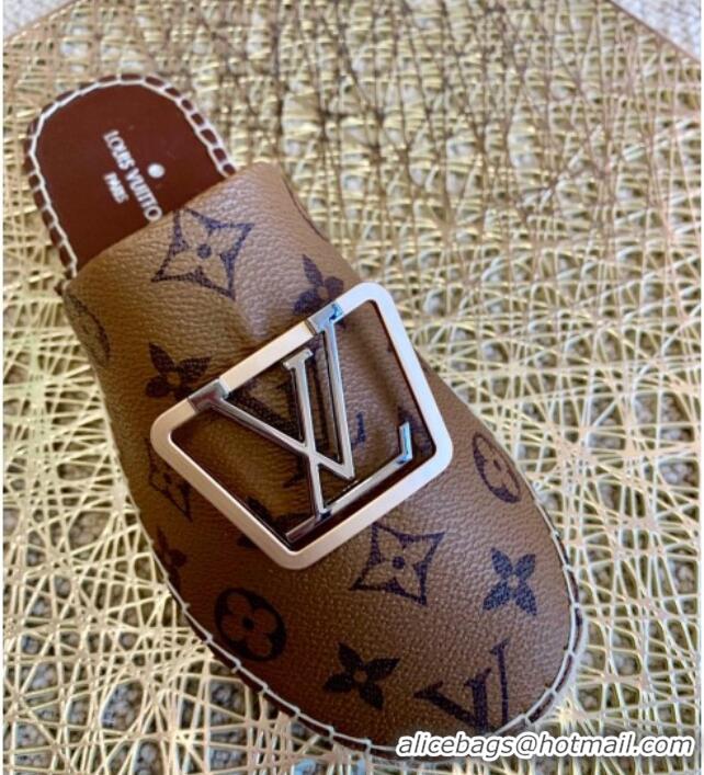 Luxury Classic Louis Vuitton Monogram Reverse Canvas Espadrille Flat Mules with Square LV Buckle 011120