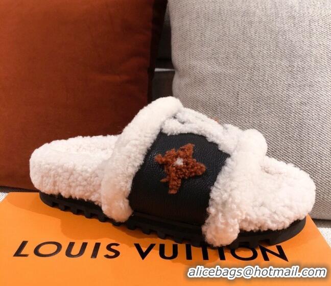 Top Quality Louis Vuitton Monogram Flower Shearling Wool Flat Sandals White 011121