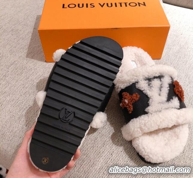 Top Quality Louis Vuitton Monogram Flower Shearling Wool Flat Sandals White 011121