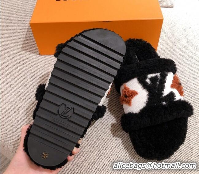 New Stylish Louis Vuitton Monogram Flower Shearling Wool Flat Sandals 011166 Black