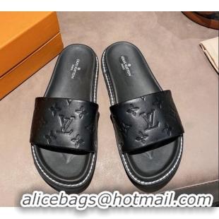 Best Quality Louis Vuitton Monogram Supple Leather Flat Slide Sandals 011172 Black 2021