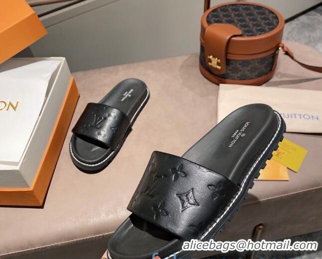 Best Quality Louis Vuitton Monogram Supple Leather Flat Slide Sandals 011172 Black 2021