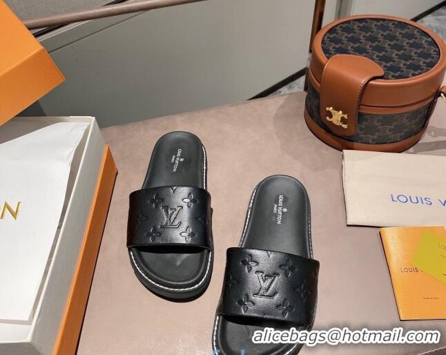 Best Quality Louis Vuitton Monogram Supple Leather Flat Slide Sandals 011172 Black 2021