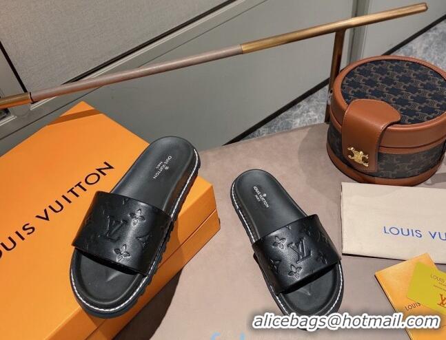 Best Quality Louis Vuitton Monogram Supple Leather Flat Slide Sandals 011172 Black 2021