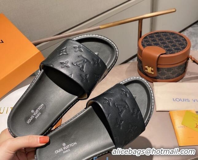 Best Quality Louis Vuitton Monogram Supple Leather Flat Slide Sandals 011172 Black 2021