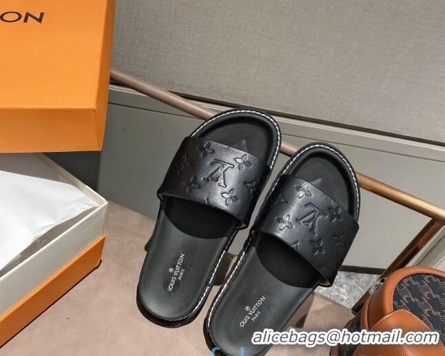 Best Quality Louis Vuitton Monogram Supple Leather Flat Slide Sandals 011172 Black 2021