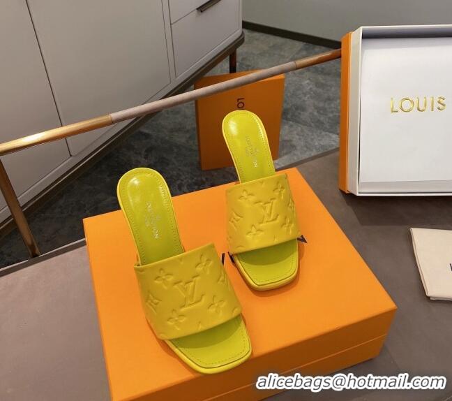 Duplicate Louis Vuitton Revival Heel Mules 8.5cm in Monogram Embossed Calfskin 012539 Yellow