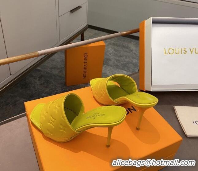 Duplicate Louis Vuitton Revival Heel Mules 8.5cm in Monogram Embossed Calfskin 012539 Yellow