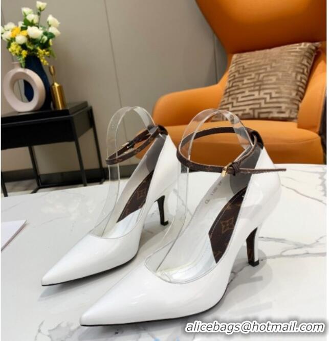 Cheap Price Louis Vuitton Attitude Glazed Leather Pumps 8.5cm with Ankle Strap 022522 White