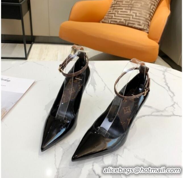 Custom Louis Vuitton Attitude Glazed Leather Pumps 8.5cm with Ankle Strap 022523 Black 2021