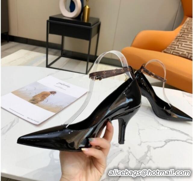 Custom Louis Vuitton Attitude Glazed Leather Pumps 8.5cm with Ankle Strap 022523 Black 2021