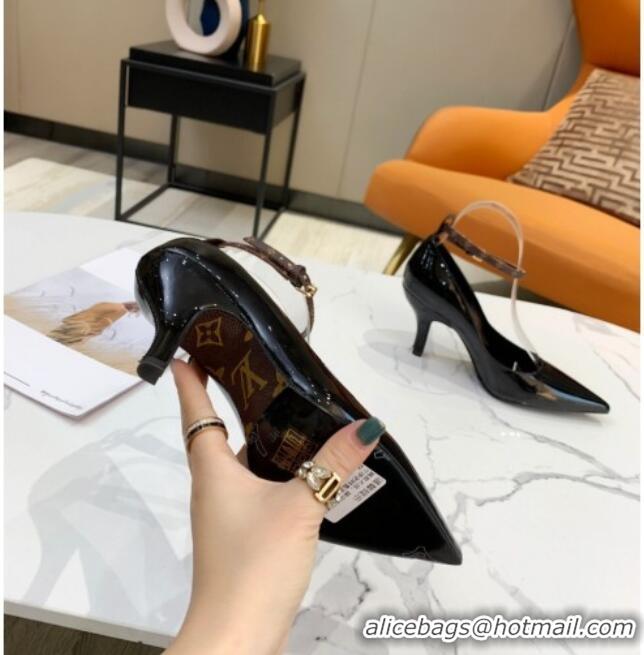 Custom Louis Vuitton Attitude Glazed Leather Pumps 8.5cm with Ankle Strap 022523 Black 2021