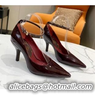 Top Quality Louis Vuitton Attitude Glazed Leather Pumps 8.5cm with Ankle Strap 022523 Burgundy