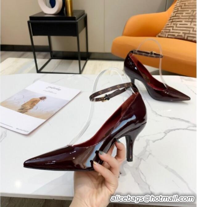 Top Quality Louis Vuitton Attitude Glazed Leather Pumps 8.5cm with Ankle Strap 022523 Burgundy