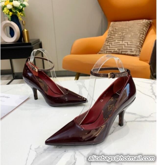 Top Quality Louis Vuitton Attitude Glazed Leather Pumps 8.5cm with Ankle Strap 022523 Burgundy