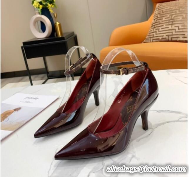 Top Quality Louis Vuitton Attitude Glazed Leather Pumps 8.5cm with Ankle Strap 022523 Burgundy