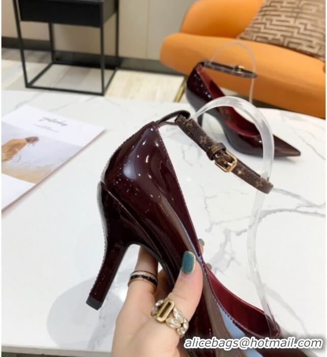 Top Quality Louis Vuitton Attitude Glazed Leather Pumps 8.5cm with Ankle Strap 022523 Burgundy