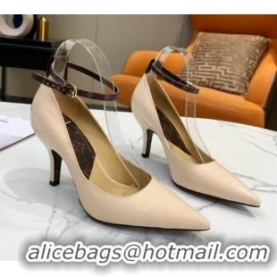 Best Luxury Louis Vuitton Attitude Glazed Leather Pumps 8.5cm with Ankle Strap 022523 Nude