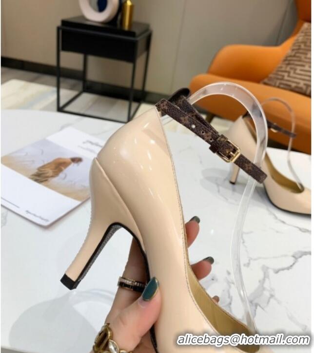 Best Luxury Louis Vuitton Attitude Glazed Leather Pumps 8.5cm with Ankle Strap 022523 Nude