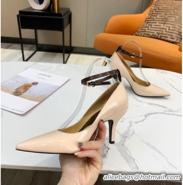 Best Luxury Louis Vuitton Attitude Glazed Leather Pumps 8.5cm with Ankle Strap 022523 Nude