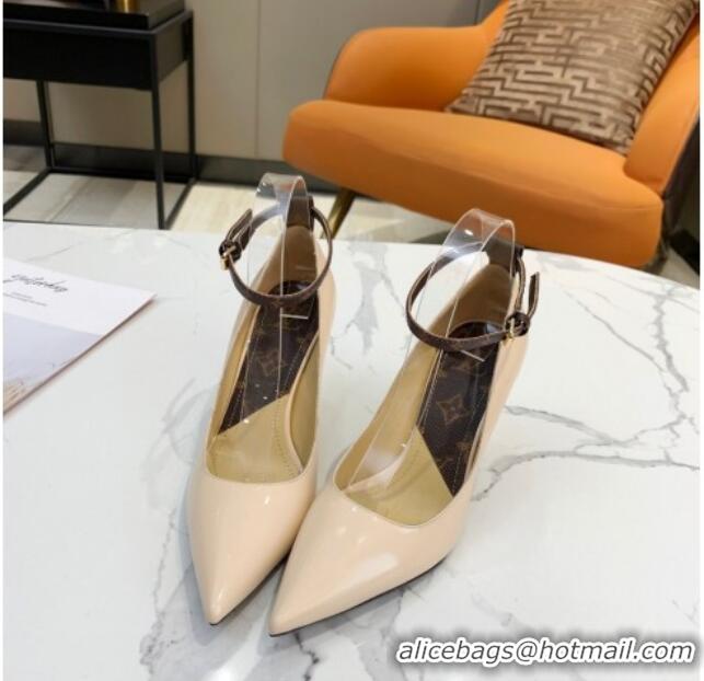 Best Luxury Louis Vuitton Attitude Glazed Leather Pumps 8.5cm with Ankle Strap 022523 Nude