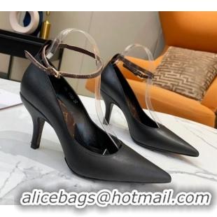 Affordable Price Louis Vuitton Attitude Glazed Leather Pumps 8.5cm with Ankle Strap 022523 Black