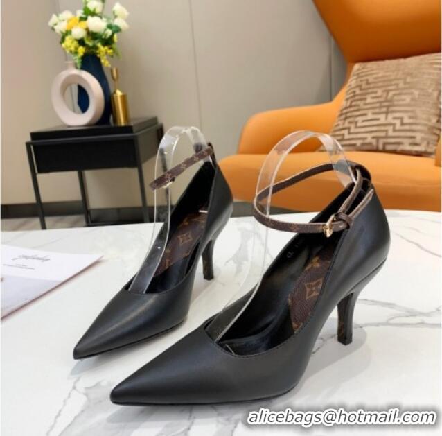 Affordable Price Louis Vuitton Attitude Glazed Leather Pumps 8.5cm with Ankle Strap 022523 Black