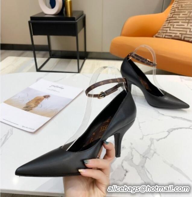 Affordable Price Louis Vuitton Attitude Glazed Leather Pumps 8.5cm with Ankle Strap 022523 Black