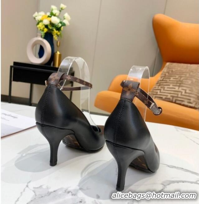 Affordable Price Louis Vuitton Attitude Glazed Leather Pumps 8.5cm with Ankle Strap 022523 Black