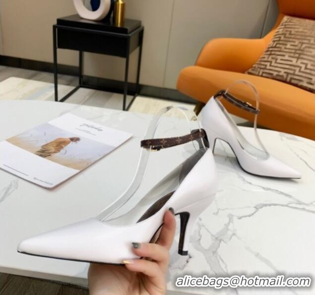 Good Quality Louis Vuitton Attitude Calfskin Pumps 8.5cm with Ankle Strap 022528 White