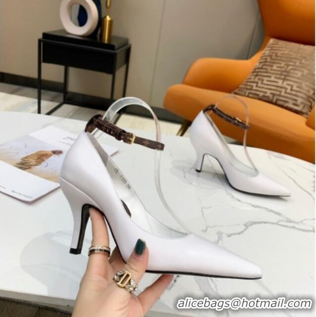 Good Quality Louis Vuitton Attitude Calfskin Pumps 8.5cm with Ankle Strap 022528 White