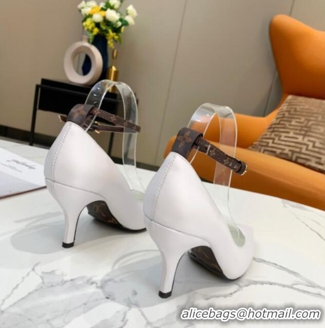 Good Quality Louis Vuitton Attitude Calfskin Pumps 8.5cm with Ankle Strap 022528 White