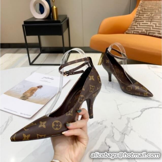 Super Quality Louis Vuitton Attitude Calfskin Pumps 8.5cm with Ankle Strap Monogram Canvas 022529