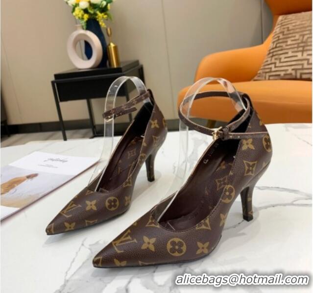 Super Quality Louis Vuitton Attitude Calfskin Pumps 8.5cm with Ankle Strap Monogram Canvas 022529