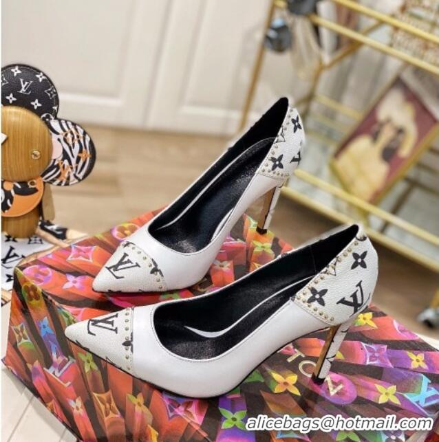 Good Quality Louis Vuitton Game On Cherie Pump 9.5cm in Studded Monogram Canvas 022531 White