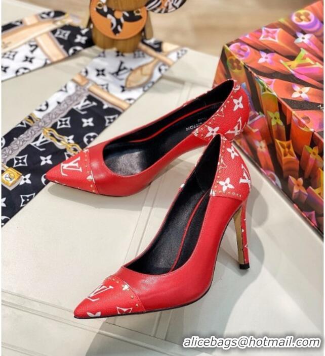 Good Taste Louis Vuitton Game On Cherie Pump 9.5cm in Studded Monogram Canvas 022531 Red