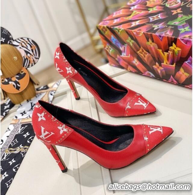 Good Taste Louis Vuitton Game On Cherie Pump 9.5cm in Studded Monogram Canvas 022531 Red