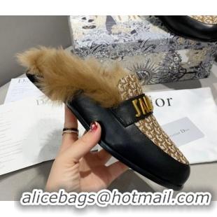 Classic Hot Dior J'Adior Flat Fur Mules in Brown Oblique Embroidery 111166