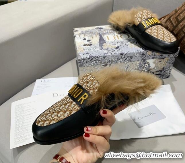 Classic Hot Dior J'Adior Flat Fur Mules in Brown Oblique Embroidery 111166