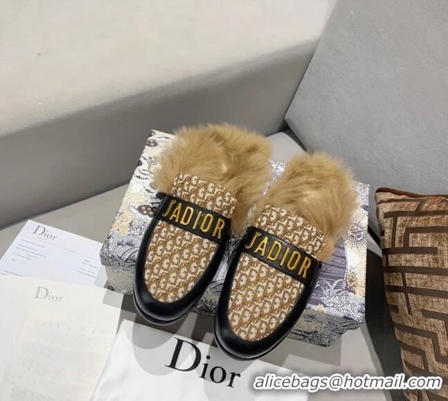 Classic Hot Dior J'Adior Flat Fur Mules in Brown Oblique Embroidery 111166