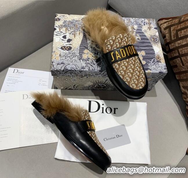 Classic Hot Dior J'Adior Flat Fur Mules in Brown Oblique Embroidery 111166