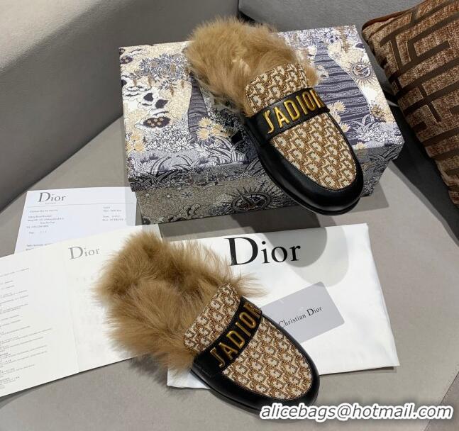 Classic Hot Dior J'Adior Flat Fur Mules in Brown Oblique Embroidery 111166