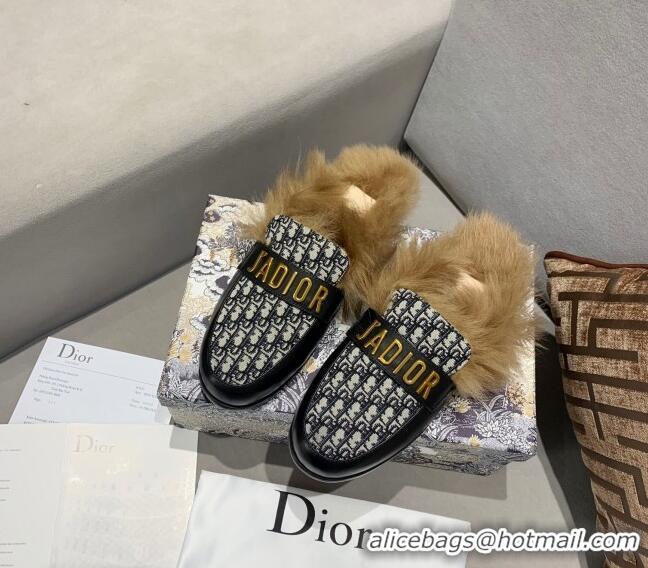 Pretty Style Dior J'Adior Flat Fur Mules in Black Oblique Embroidery 111167